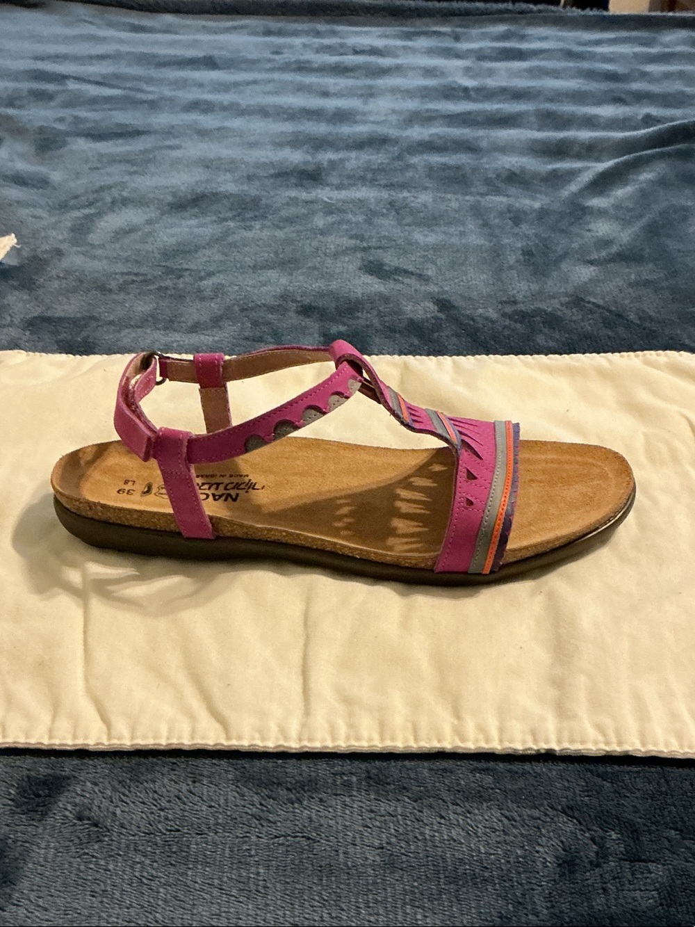 Naot Fuchsia T-Strap Sandal with Orange and Blue Accent